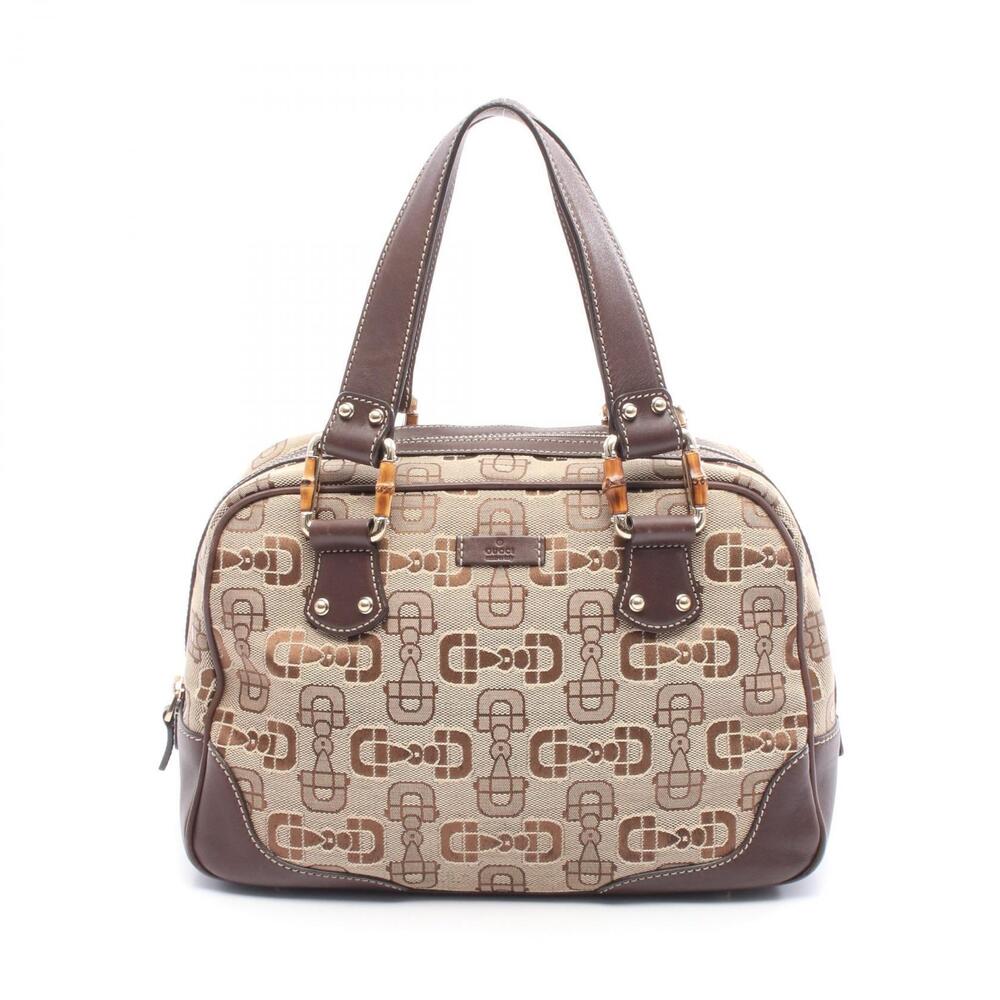 Gucci Bamboo Horsebit Boston Bag Handbag Canvas Leather Beige Brown